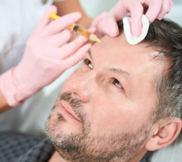 Man with unshaven face receives subcutaneous injections of the frontal zone, a doctor in protective gloves