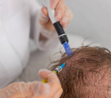 Alopecia. Man hair loss improve growth treatment regeneration, dermapen microneedling, vitamin exosomes plasma serum syringe injections. Trichologist doctor head scalp procedure fractional mesotherapy