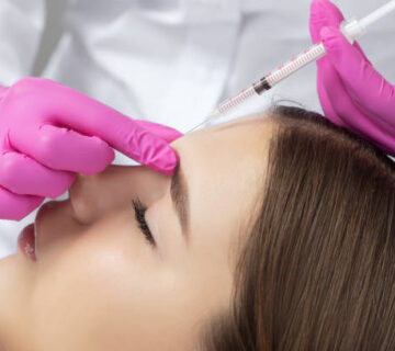 Woman at the beautician. Cosmetologist does anti wrinkle injections on the forehead and between eyebrows. Women's cosmetology in the beauty salon.